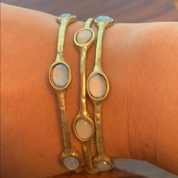 Gold tone, blue and white stone bangles.      (LA) - Picture 2 of 6
